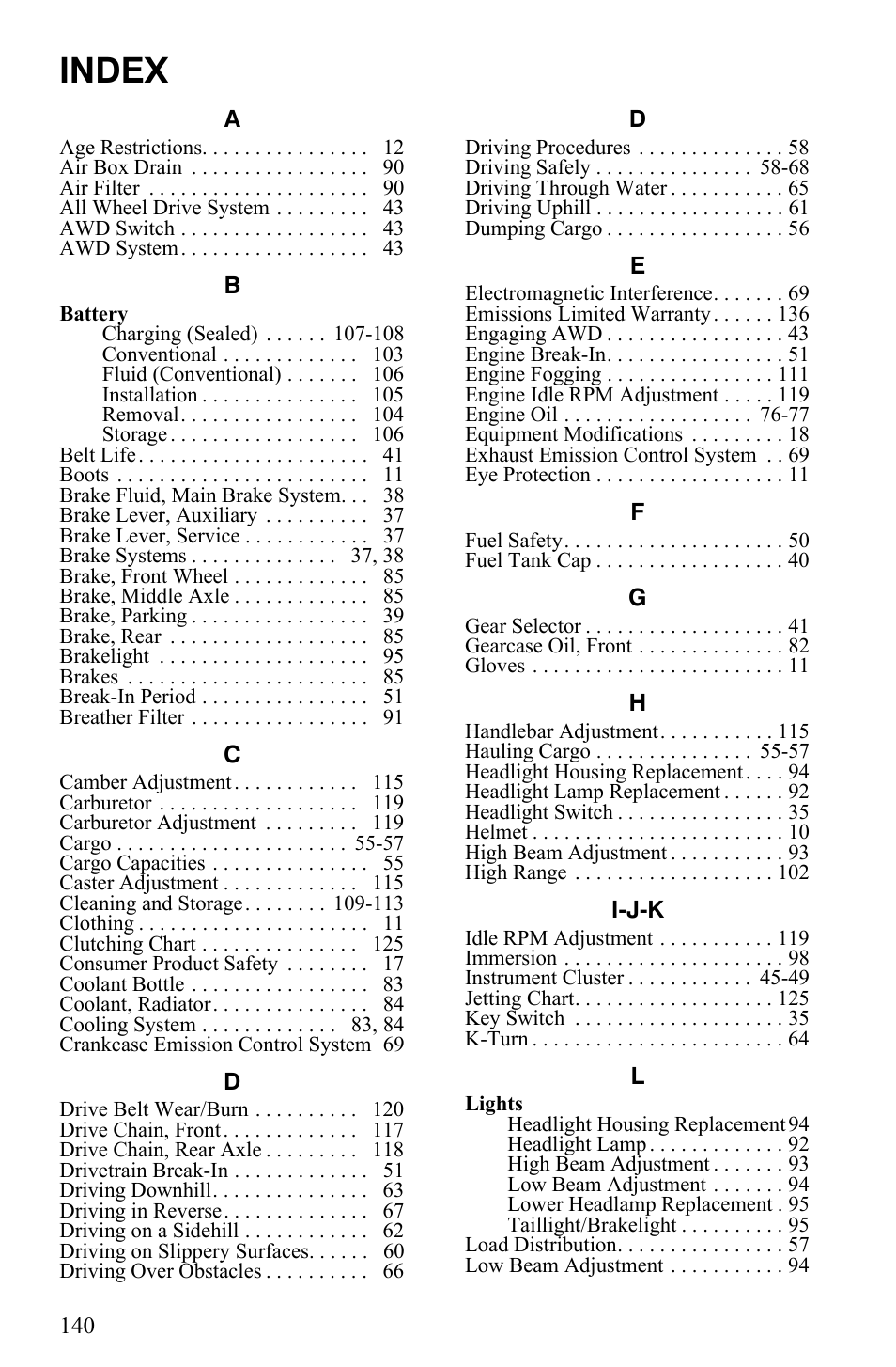 Index | Polaris Sportsman 9920775 User Manual | Page 143 / 144