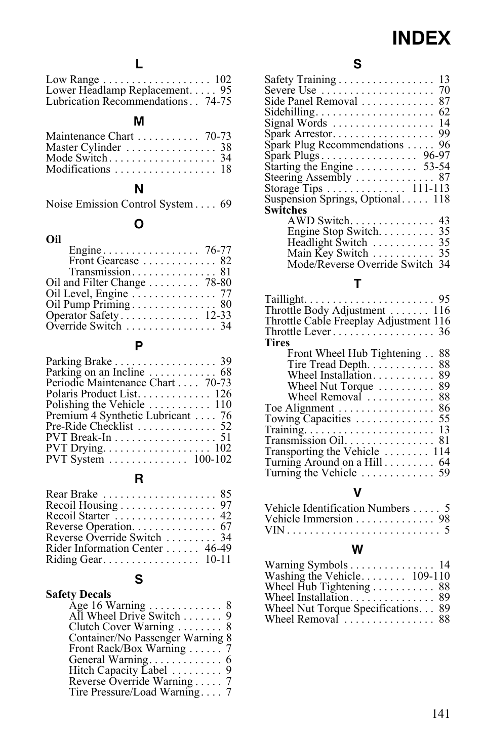 Index | Polaris Sportsman 9920775 User Manual | Page 144 / 144