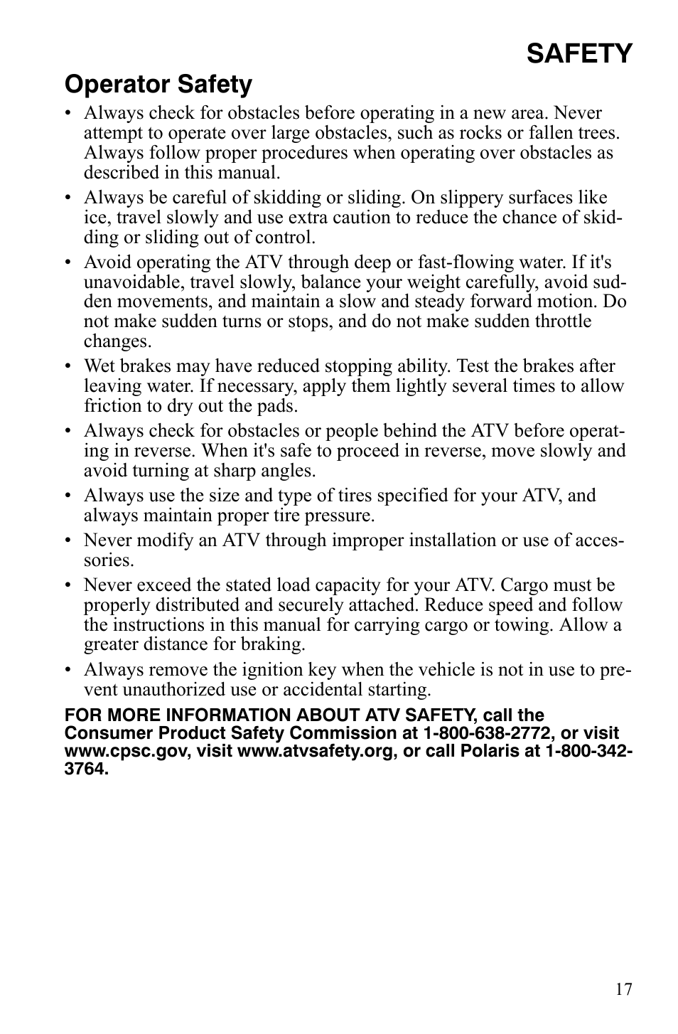 Safety, Operator safety | Polaris Sportsman 9920775 User Manual | Page 20 / 144