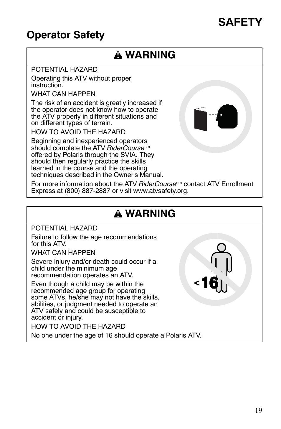 Safety, Operator safety warning, Warning | Polaris Sportsman 9920775 User Manual | Page 22 / 144