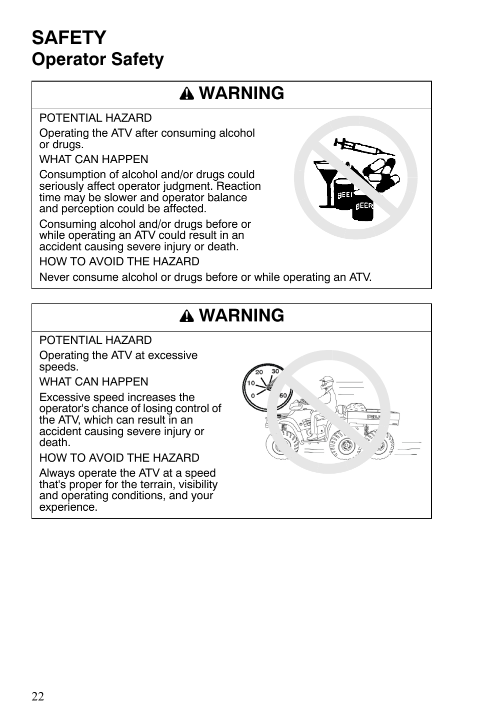 Safety, Operator safety warning, Warning | Polaris Sportsman 9920775 User Manual | Page 25 / 144