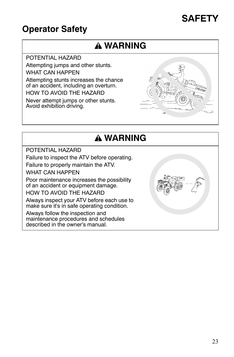 Safety, Operator safety warning, Warning | Polaris Sportsman 9920775 User Manual | Page 26 / 144