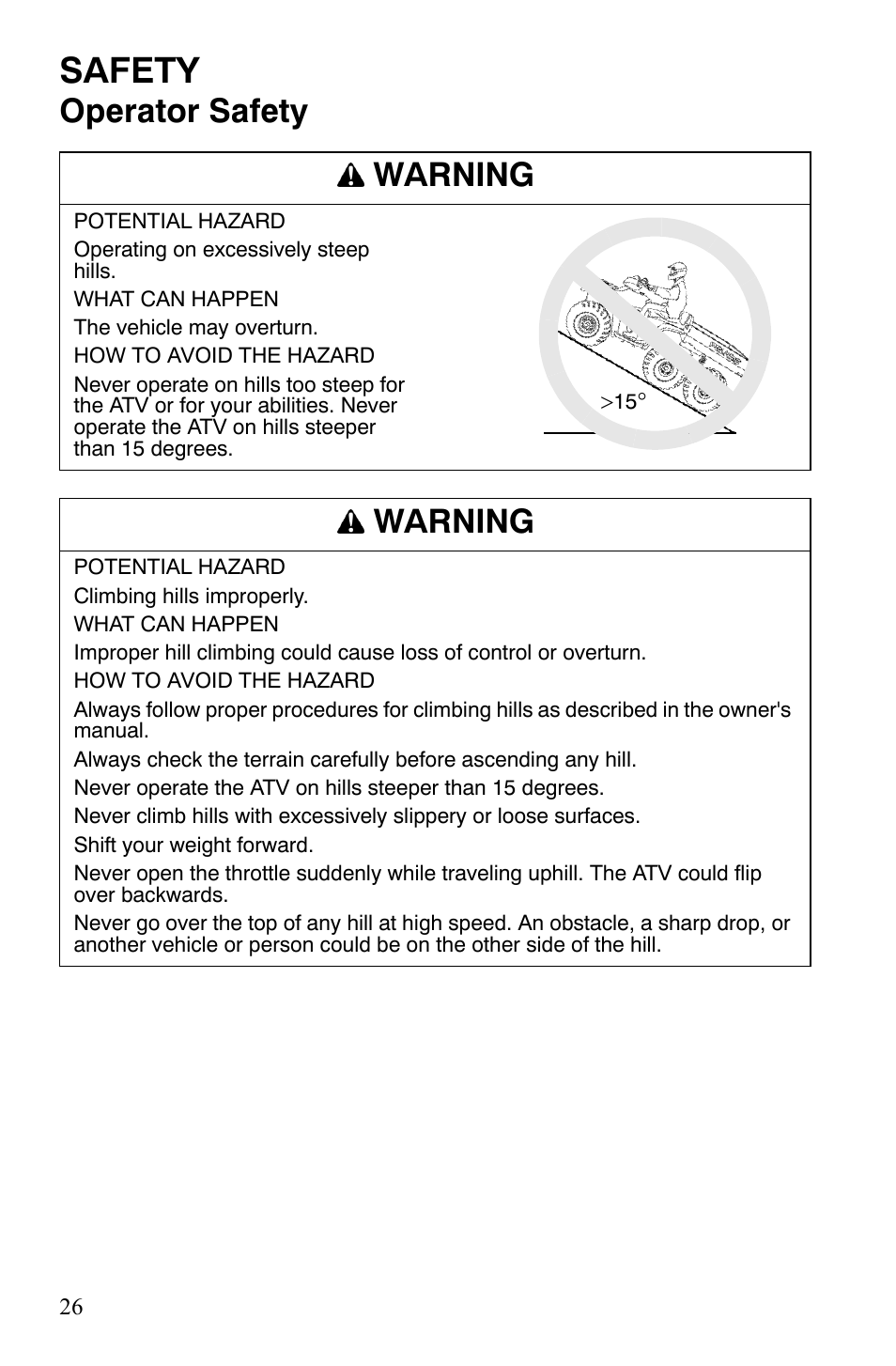 Safety, Operator safety warning, Warning | Polaris Sportsman 9920775 User Manual | Page 29 / 144