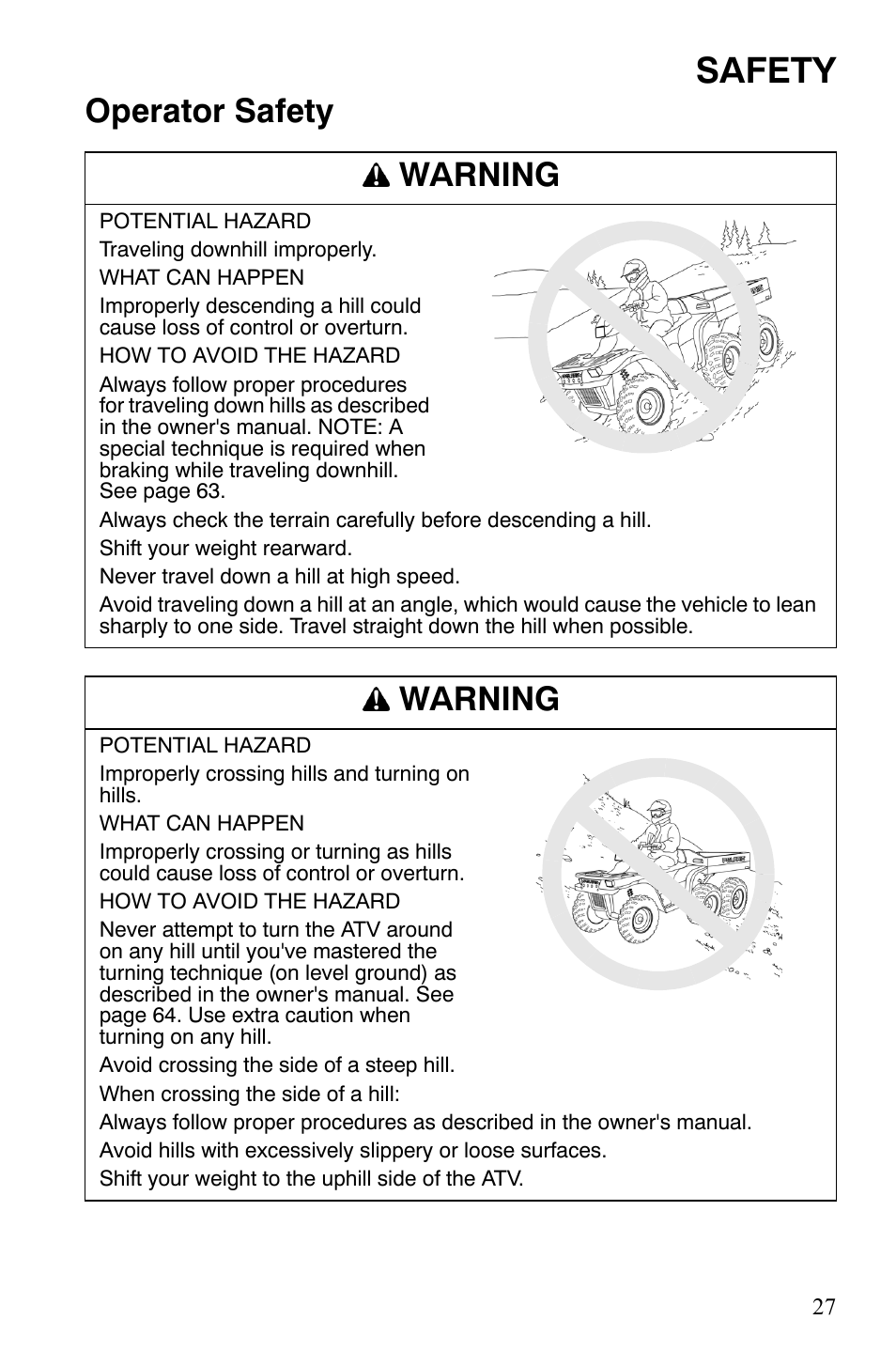 Safety, Operator safety warning, Warning | Polaris Sportsman 9920775 User Manual | Page 30 / 144