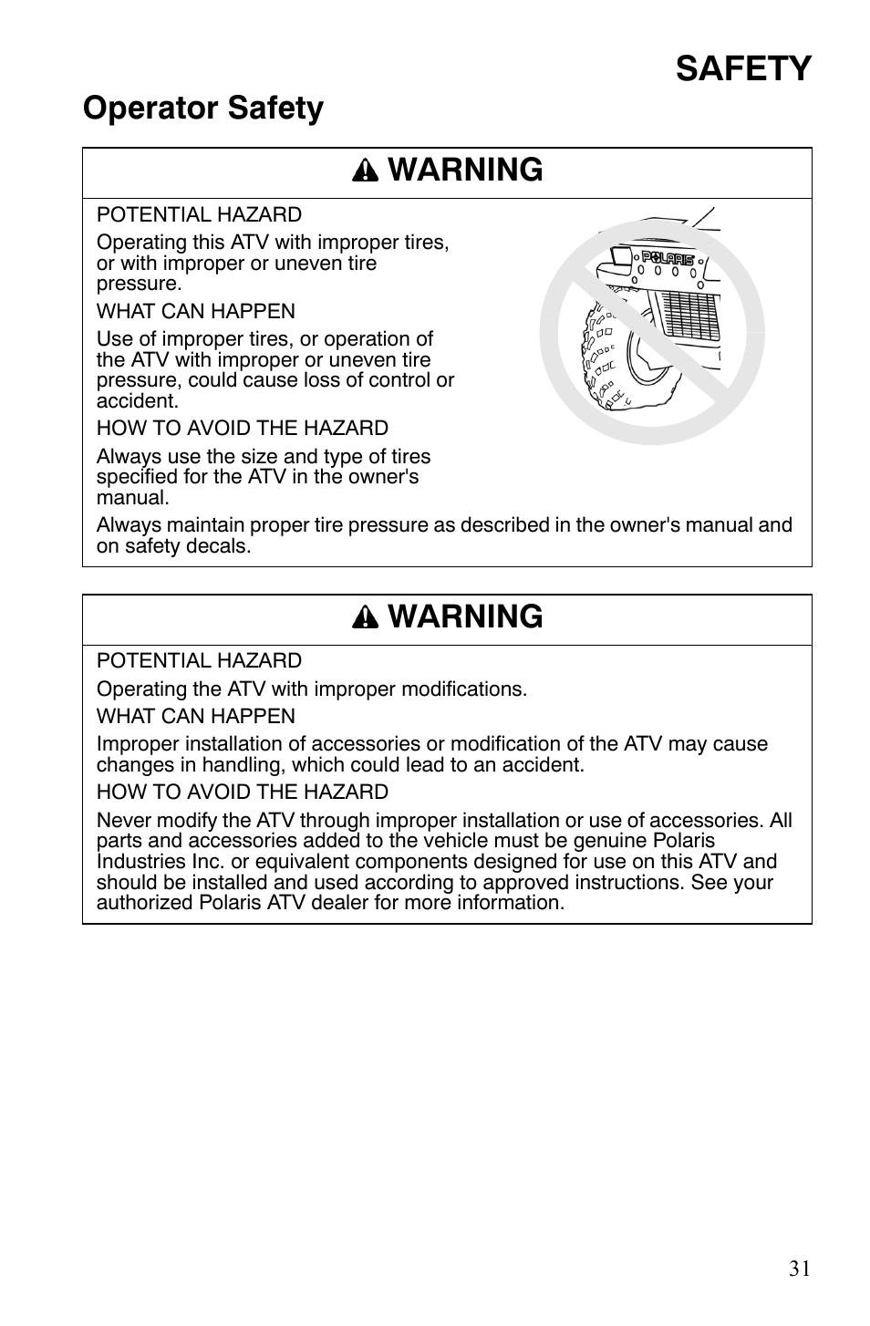 Safety, Operator safety warning, Warning | Polaris Sportsman 9920775 User Manual | Page 34 / 144