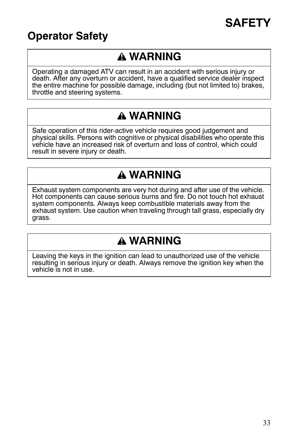 Safety, Operator safety warning, Warning | Polaris Sportsman 9920775 User Manual | Page 36 / 144