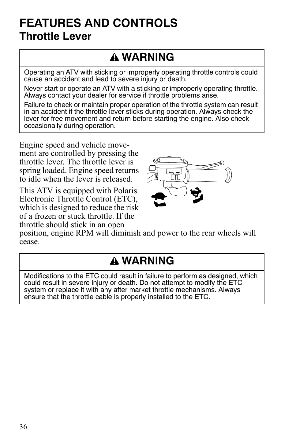 Features and controls, Throttle lever, Warning | Polaris Sportsman 9920775 User Manual | Page 39 / 144