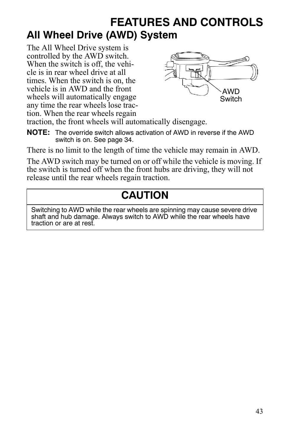 Features and controls, All wheel drive (awd) system, Caution | Polaris Sportsman 9920775 User Manual | Page 46 / 144