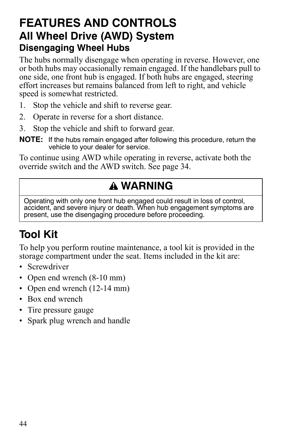 Features and controls, All wheel drive (awd) system, Tool kit | Warning | Polaris Sportsman 9920775 User Manual | Page 47 / 144