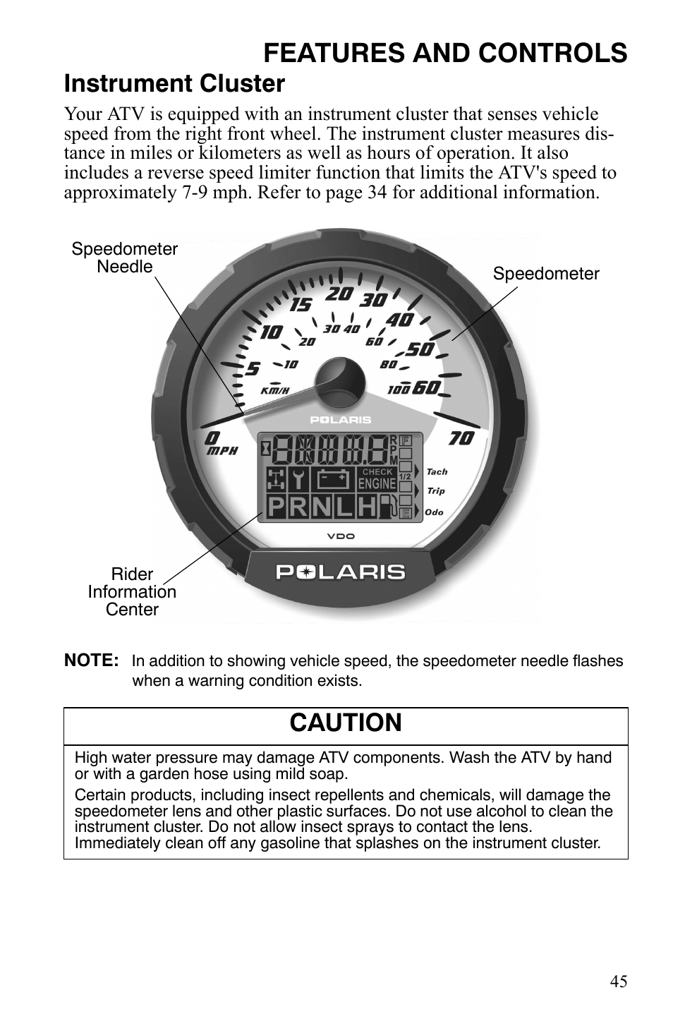 Features and controls, Instrument cluster, Caution | Polaris Sportsman 9920775 User Manual | Page 48 / 144