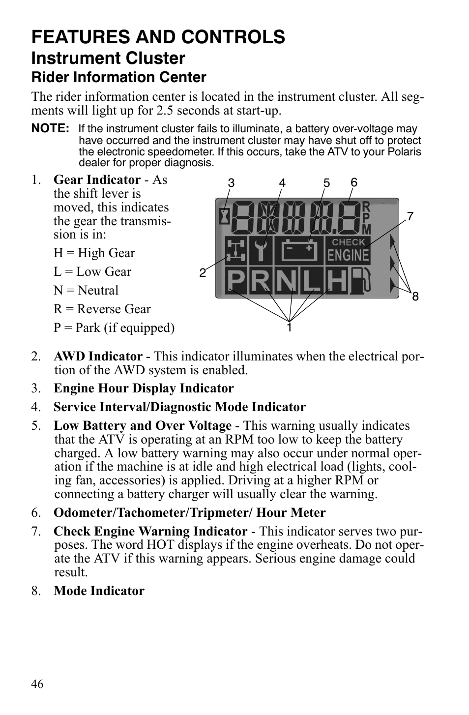 Features and controls, Instrument cluster, Rider information center | Polaris Sportsman 9920775 User Manual | Page 49 / 144