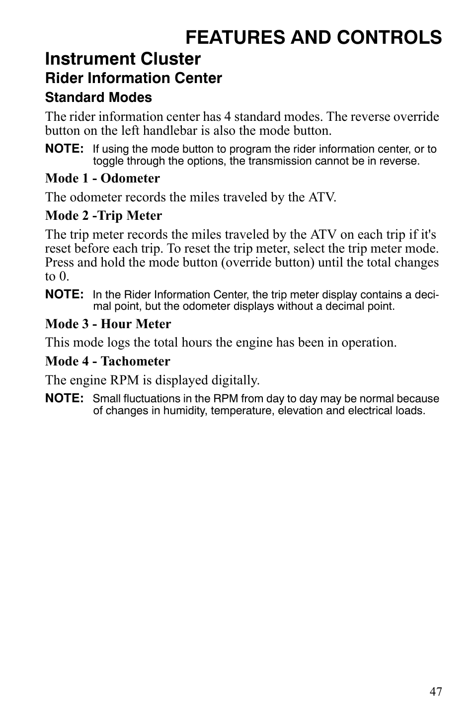 Features and controls, Instrument cluster, Rider information center | Polaris Sportsman 9920775 User Manual | Page 50 / 144