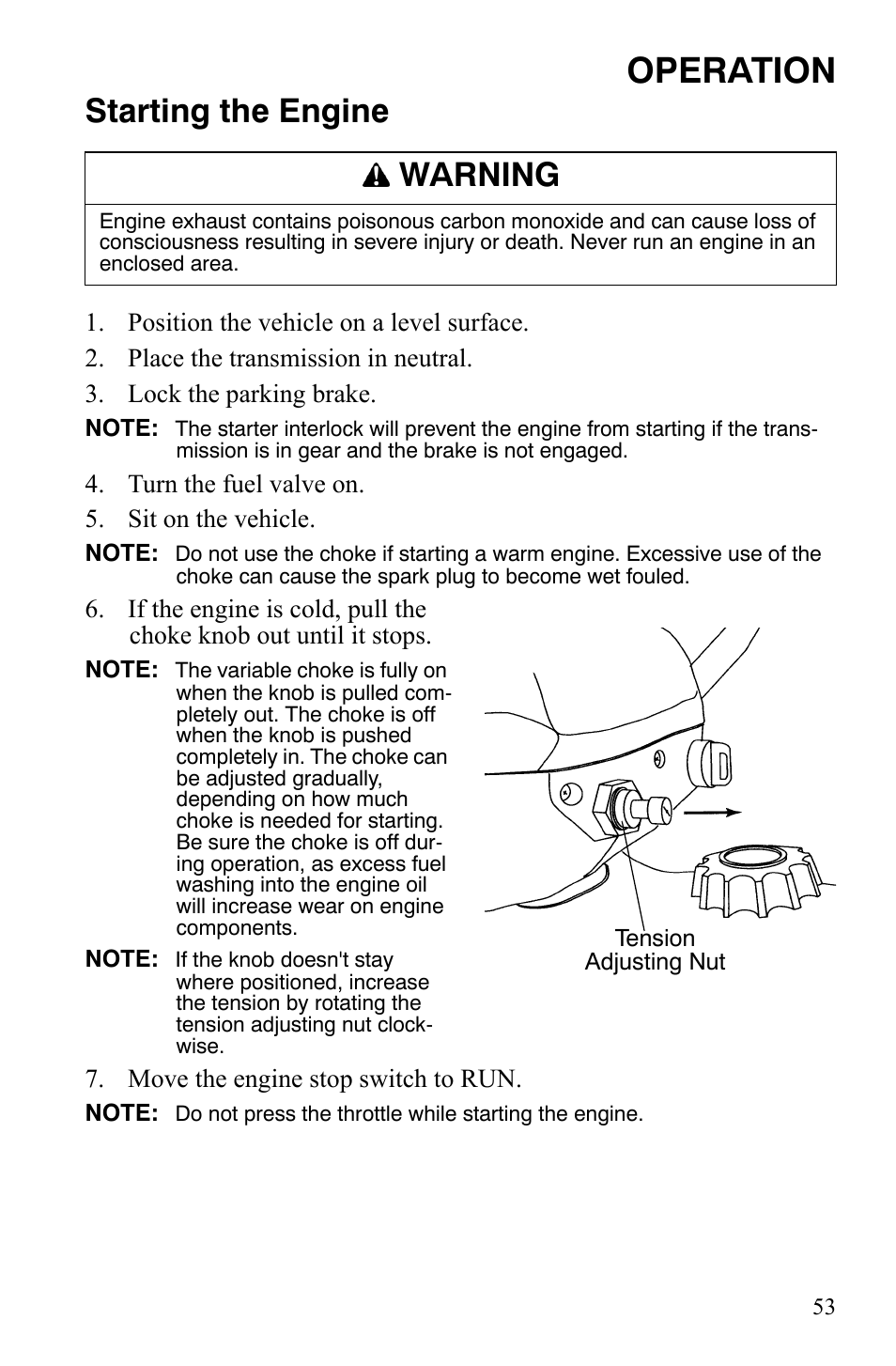 Operation, Starting the engine, Warning | Polaris Sportsman 9920775 User Manual | Page 56 / 144