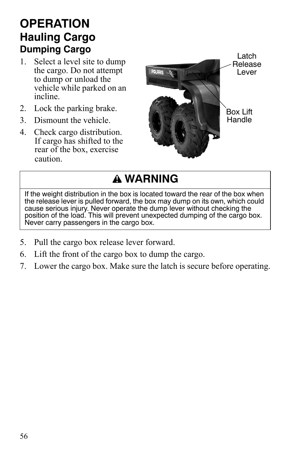 Operation, Hauling cargo, Warning | Polaris Sportsman 9920775 User Manual | Page 59 / 144