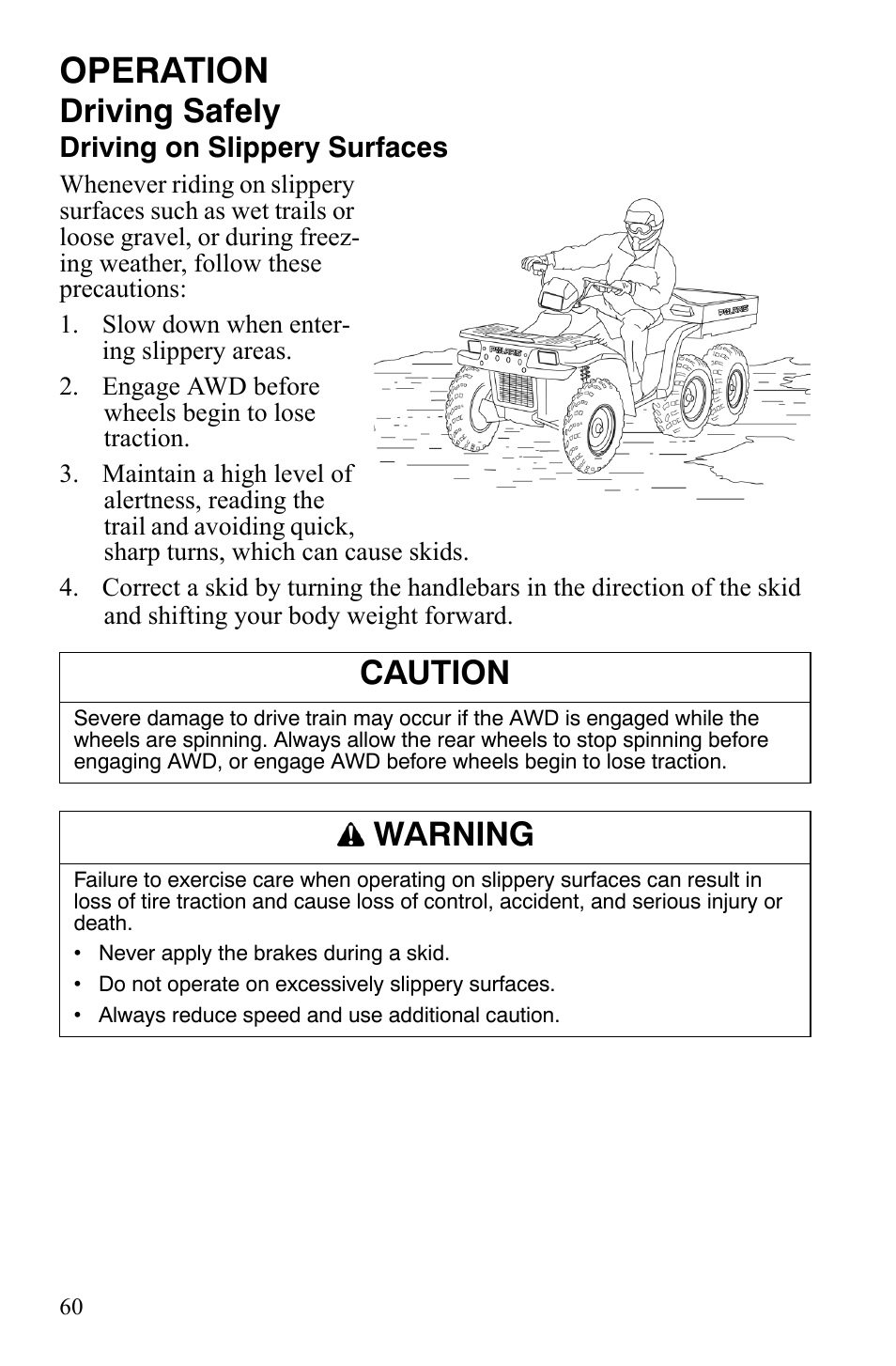 Operation, Driving safely, Caution | Warning | Polaris Sportsman 9920775 User Manual | Page 63 / 144