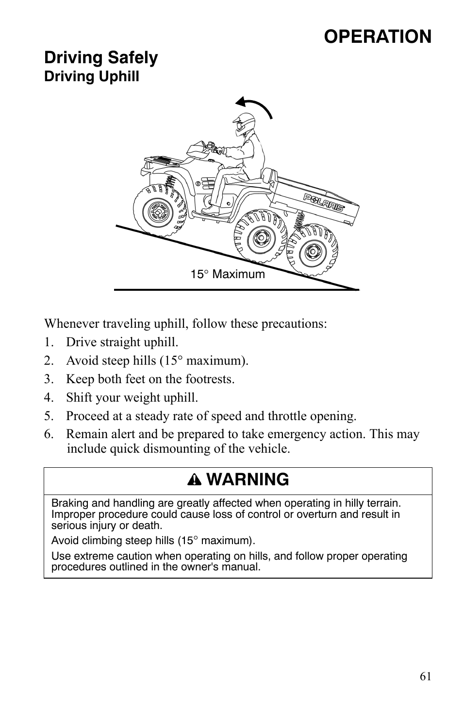 Operation, Driving safely, Warning | Polaris Sportsman 9920775 User Manual | Page 64 / 144