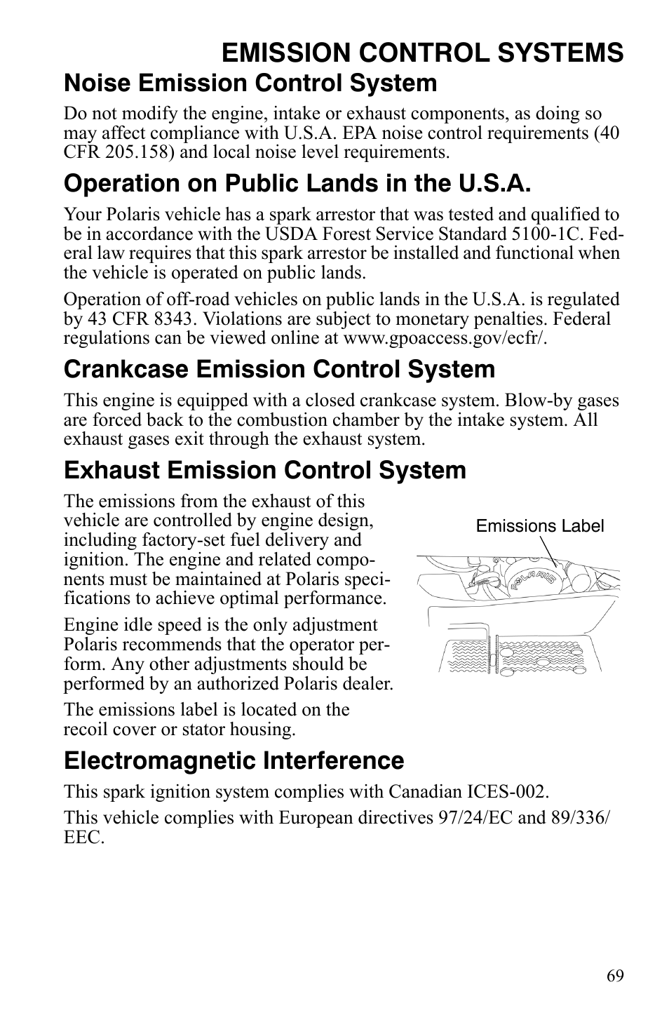 Emission control systems, Noise emission control system, Operation on public lands in the u.s.a | Crankcase emission control system, Exhaust emission control system, Electromagnetic interference | Polaris Sportsman 9920775 User Manual | Page 72 / 144