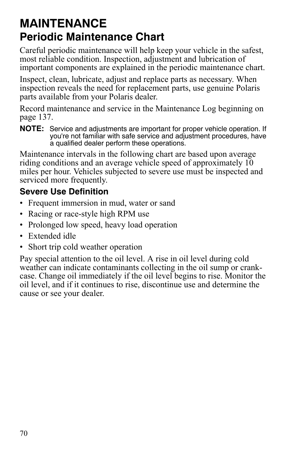 Maintenance, Periodic maintenance chart | Polaris Sportsman 9920775 User Manual | Page 73 / 144