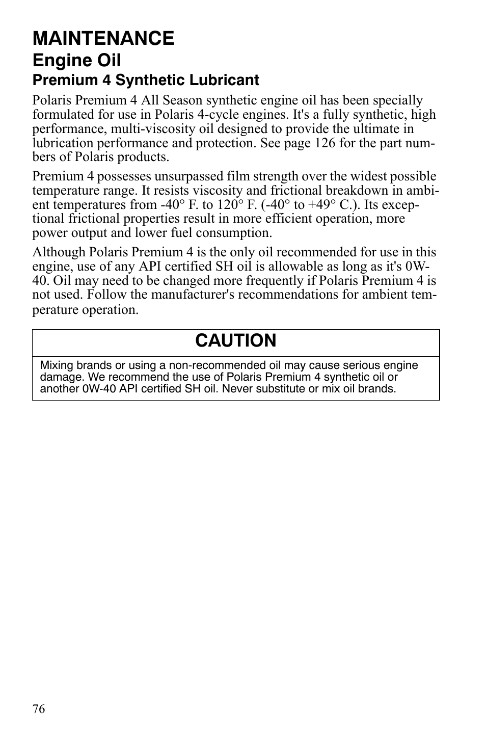 Maintenance, Engine oil, Caution | Polaris Sportsman 9920775 User Manual | Page 79 / 144