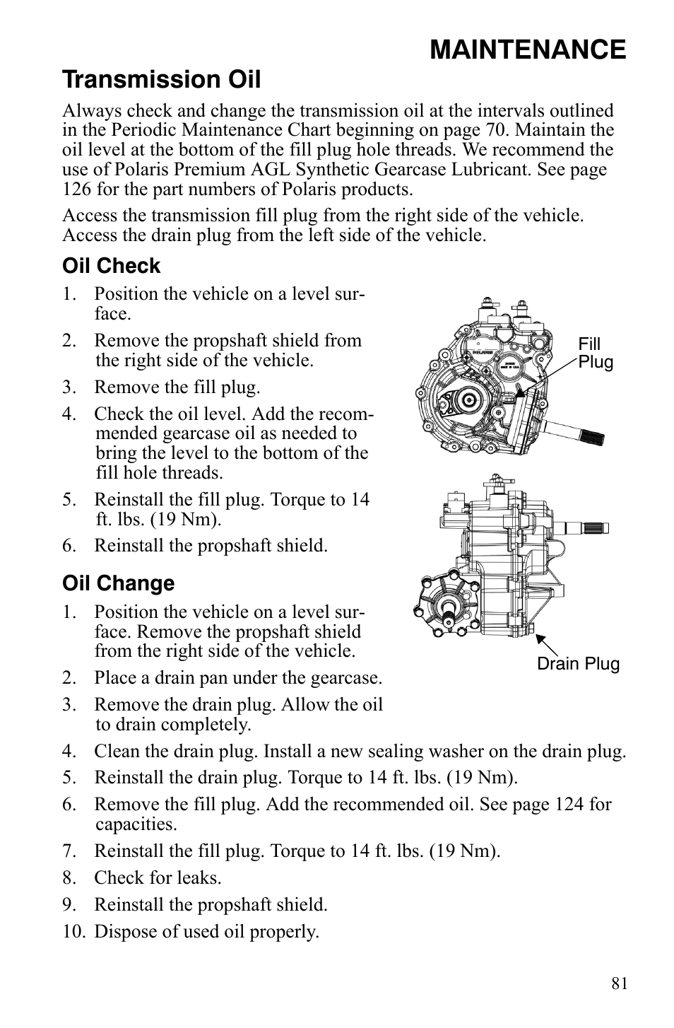 Maintenance, Transmission oil | Polaris Sportsman 9920775 User Manual | Page 84 / 144