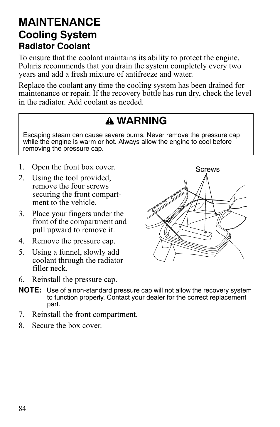 Maintenance, Cooling system, Warning | Polaris Sportsman 9920775 User Manual | Page 87 / 144