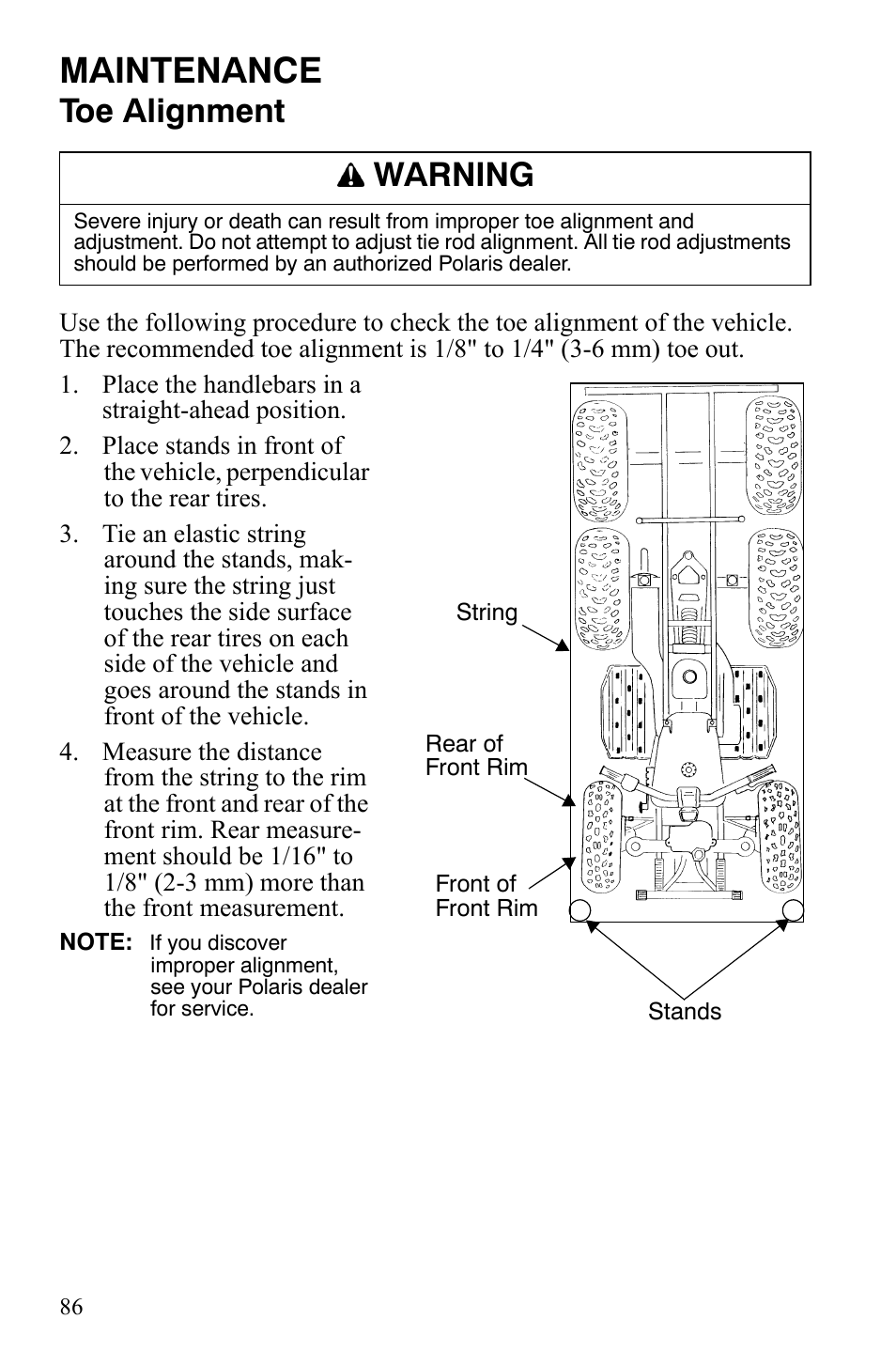 Maintenance, Toe alignment, Warning | Polaris Sportsman 9920775 User Manual | Page 89 / 144