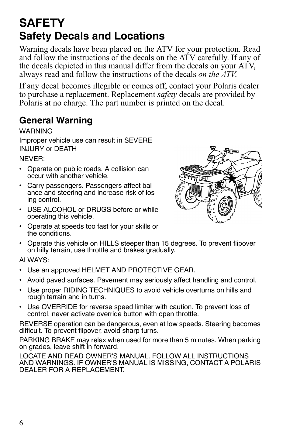 Safety, Safety decals and locations, General warning | Polaris Sportsman 9920775 User Manual | Page 9 / 144