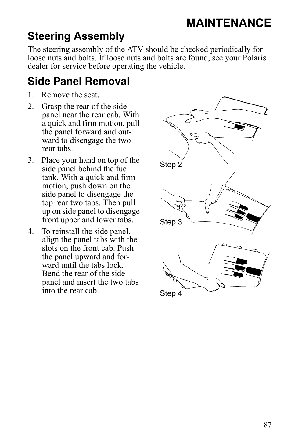 Maintenance, Steering assembly, Side panel removal | Polaris Sportsman 9920775 User Manual | Page 90 / 144