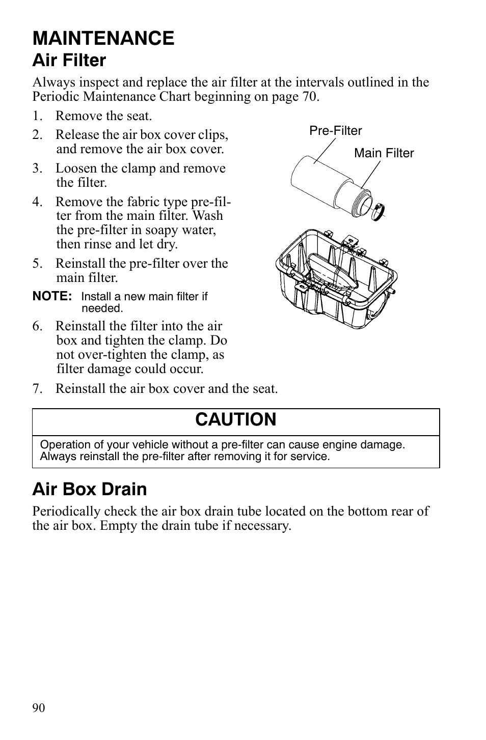 Maintenance, Air filter, Air box drain | Caution | Polaris Sportsman 9920775 User Manual | Page 93 / 144