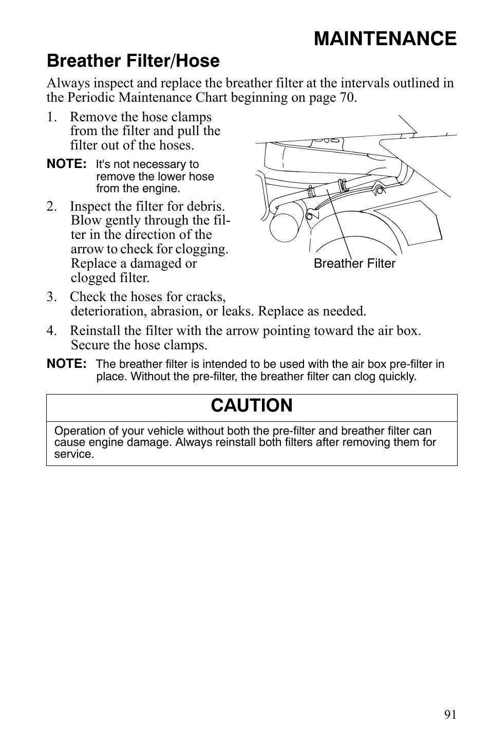 Maintenance, Breather filter/hose, Caution | Polaris Sportsman 9920775 User Manual | Page 94 / 144