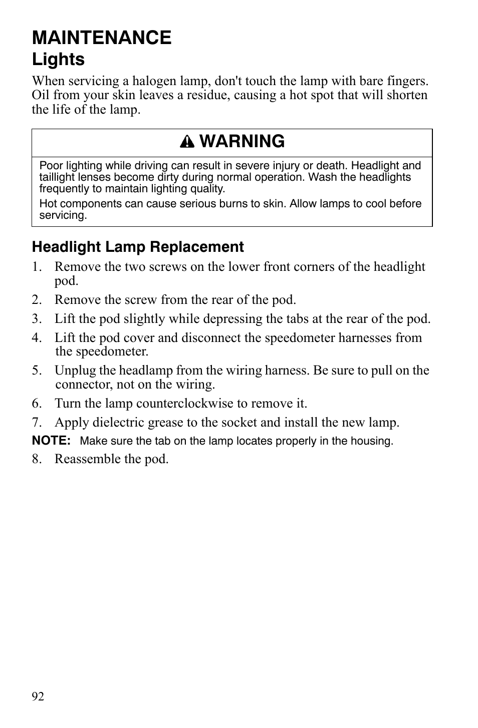 Maintenance, Lights, Warning | Polaris Sportsman 9920775 User Manual | Page 95 / 144