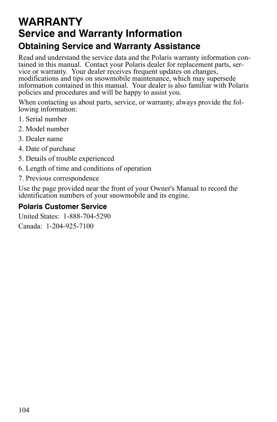 Warranty, Service and warranty information | Polaris 550 IQ Shift User Manual | Page 107 / 121