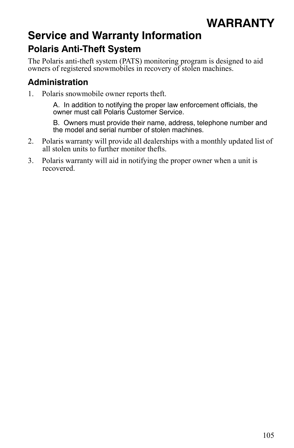 Warranty, Service and warranty information, Polaris anti-theft system | Polaris 550 IQ Shift User Manual | Page 108 / 121