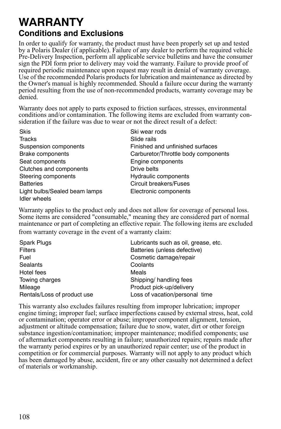 Warranty, Conditions and exclusions | Polaris 550 IQ Shift User Manual | Page 111 / 121