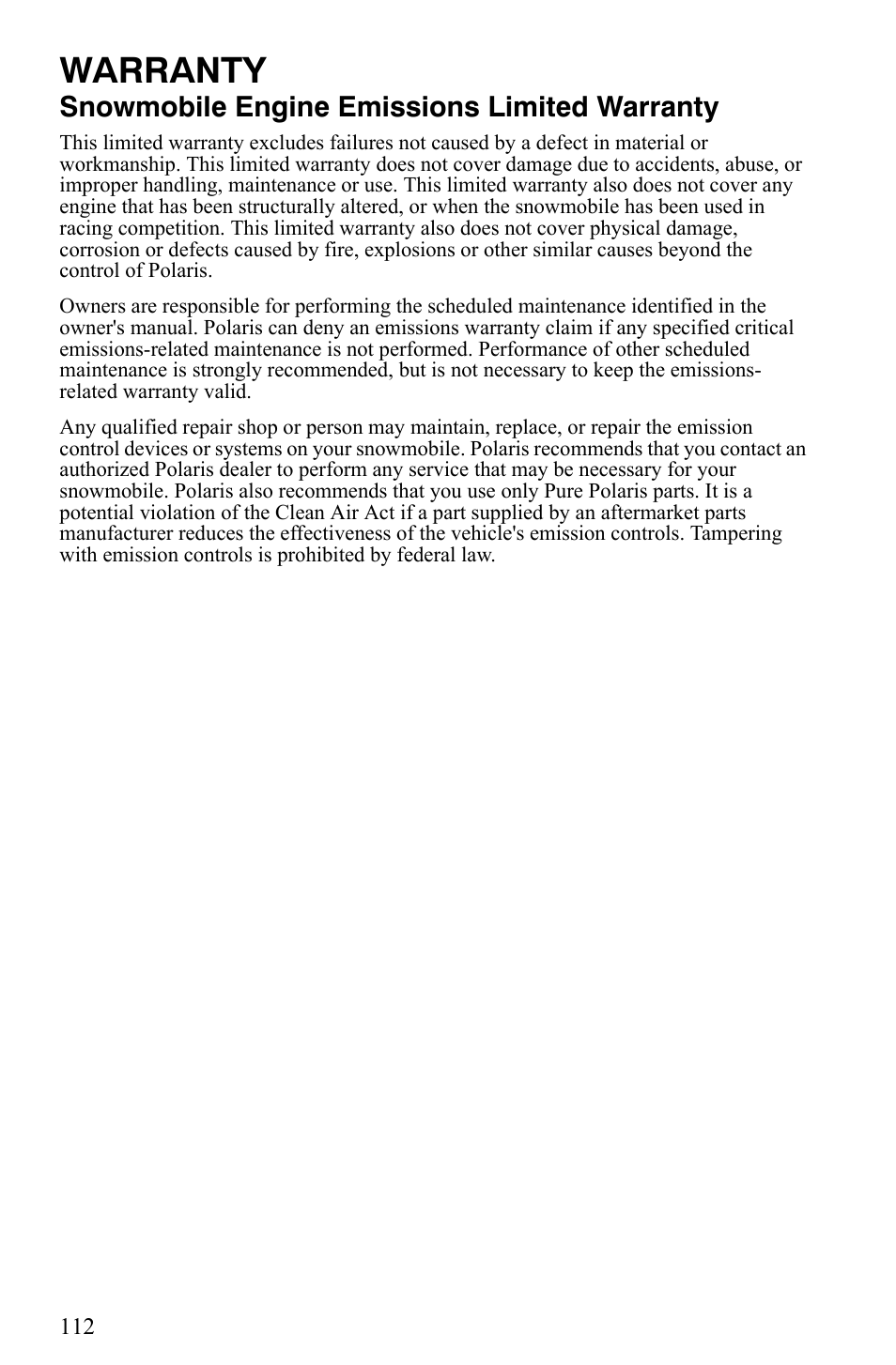 Warranty, Snowmobile engine emissions limited warranty | Polaris 550 IQ Shift User Manual | Page 115 / 121