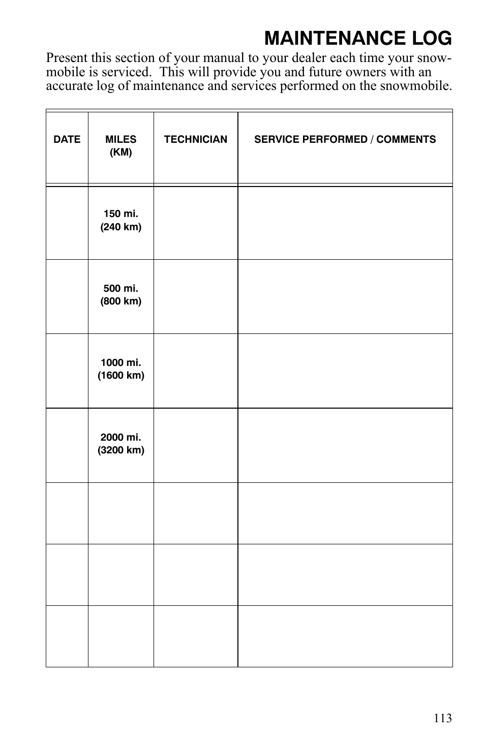 Maintenance log | Polaris 550 IQ Shift User Manual | Page 116 / 121