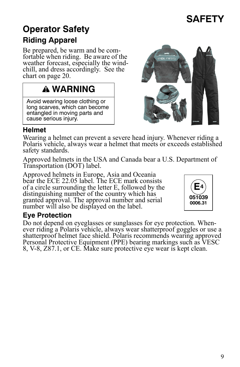 Safety, Operator safety, Warning | Polaris 550 IQ Shift User Manual | Page 12 / 121