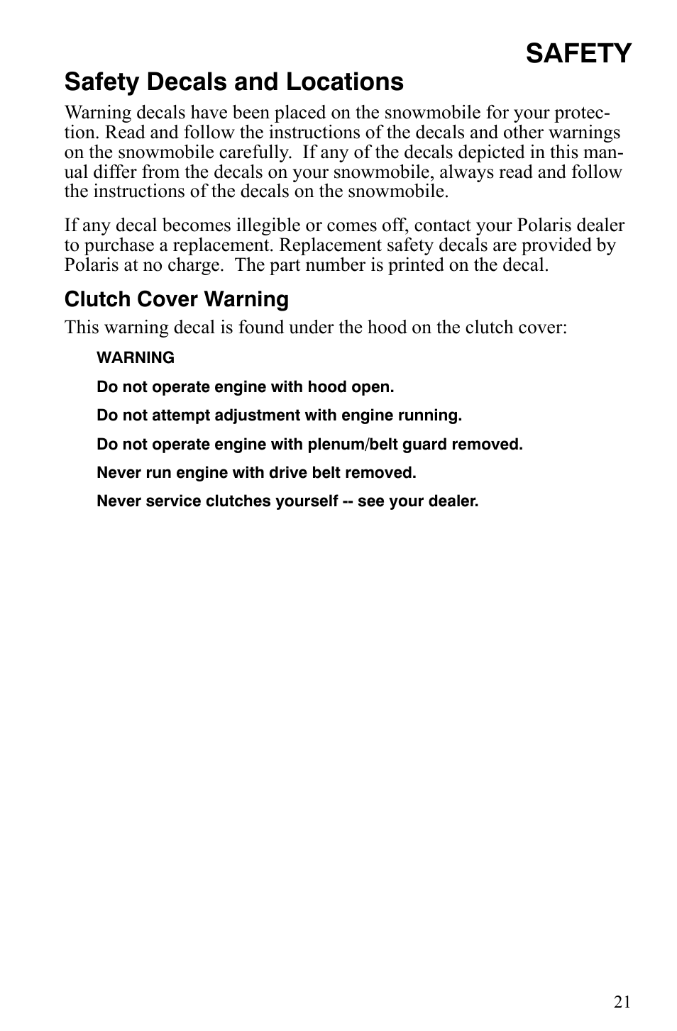 Safety, Safety decals and locations | Polaris 550 IQ Shift User Manual | Page 24 / 121