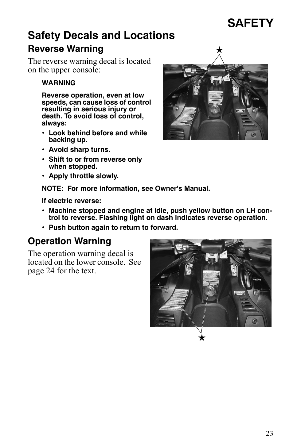 Safety, Safety decals and locations, Reverse warning | Operation warning | Polaris 550 IQ Shift User Manual | Page 26 / 121
