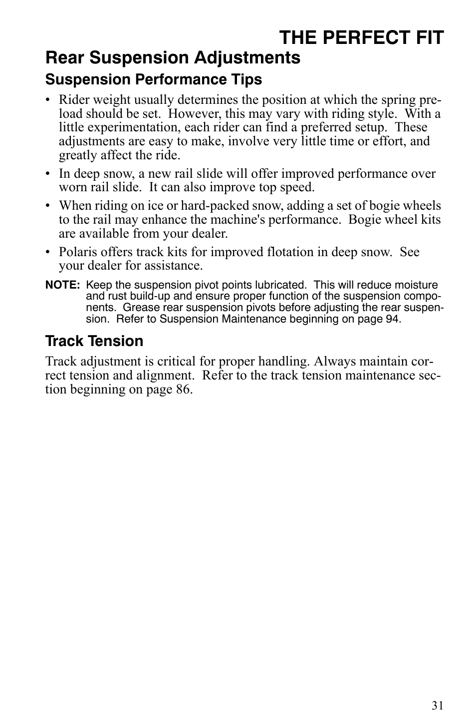 The perfect fit, Rear suspension adjustments | Polaris 550 IQ Shift User Manual | Page 34 / 121