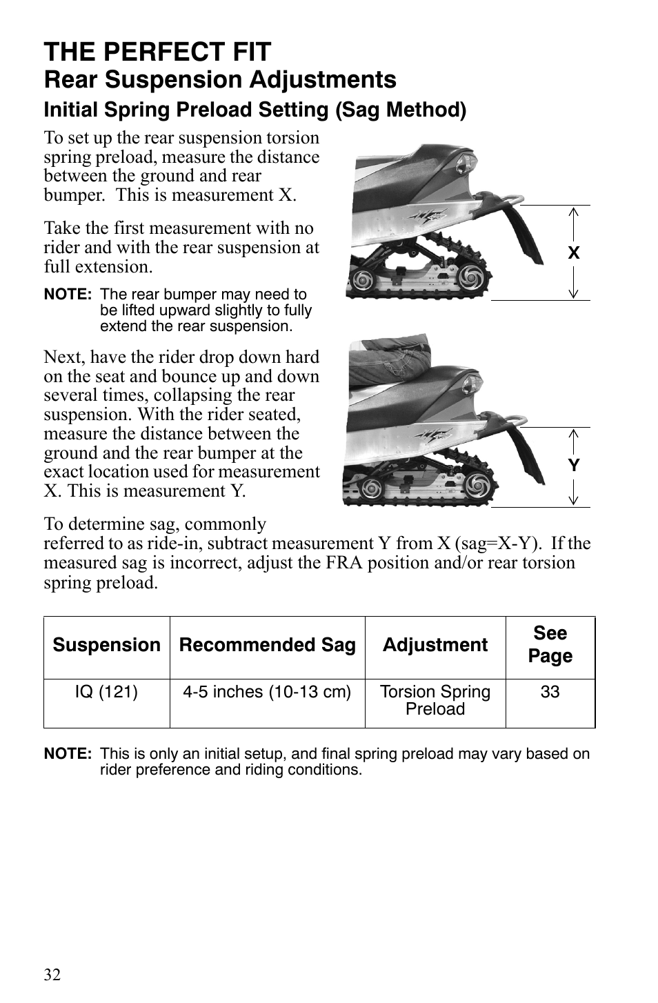 The perfect fit, Rear suspension adjustments, Initial spring preload setting (sag method) | Polaris 550 IQ Shift User Manual | Page 35 / 121