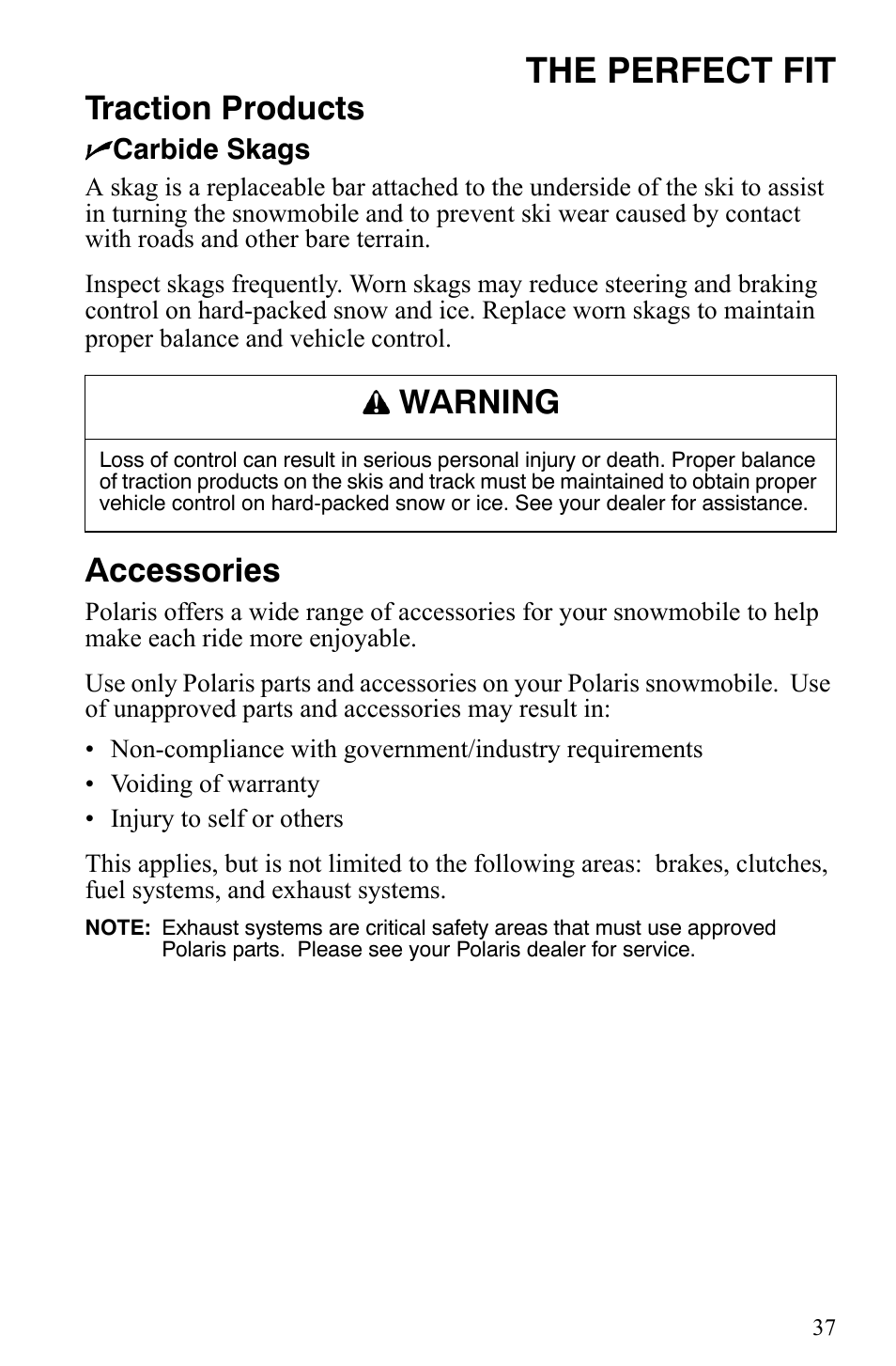 The perfect fit, Traction products, Accessories | Warning | Polaris 550 IQ Shift User Manual | Page 40 / 121