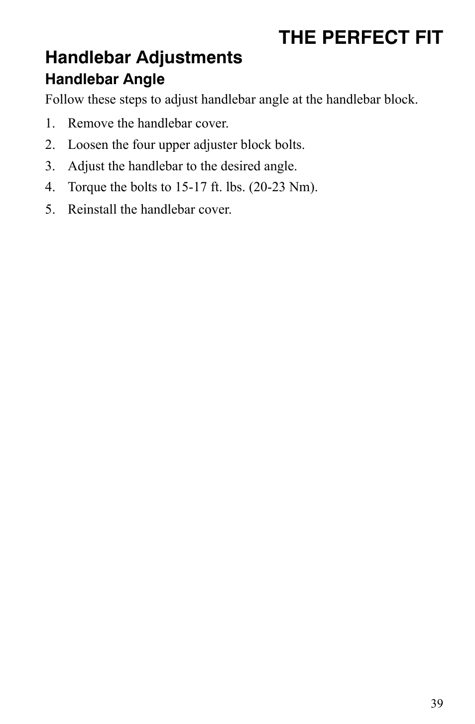 The perfect fit, Handlebar adjustments | Polaris 550 IQ Shift User Manual | Page 42 / 121