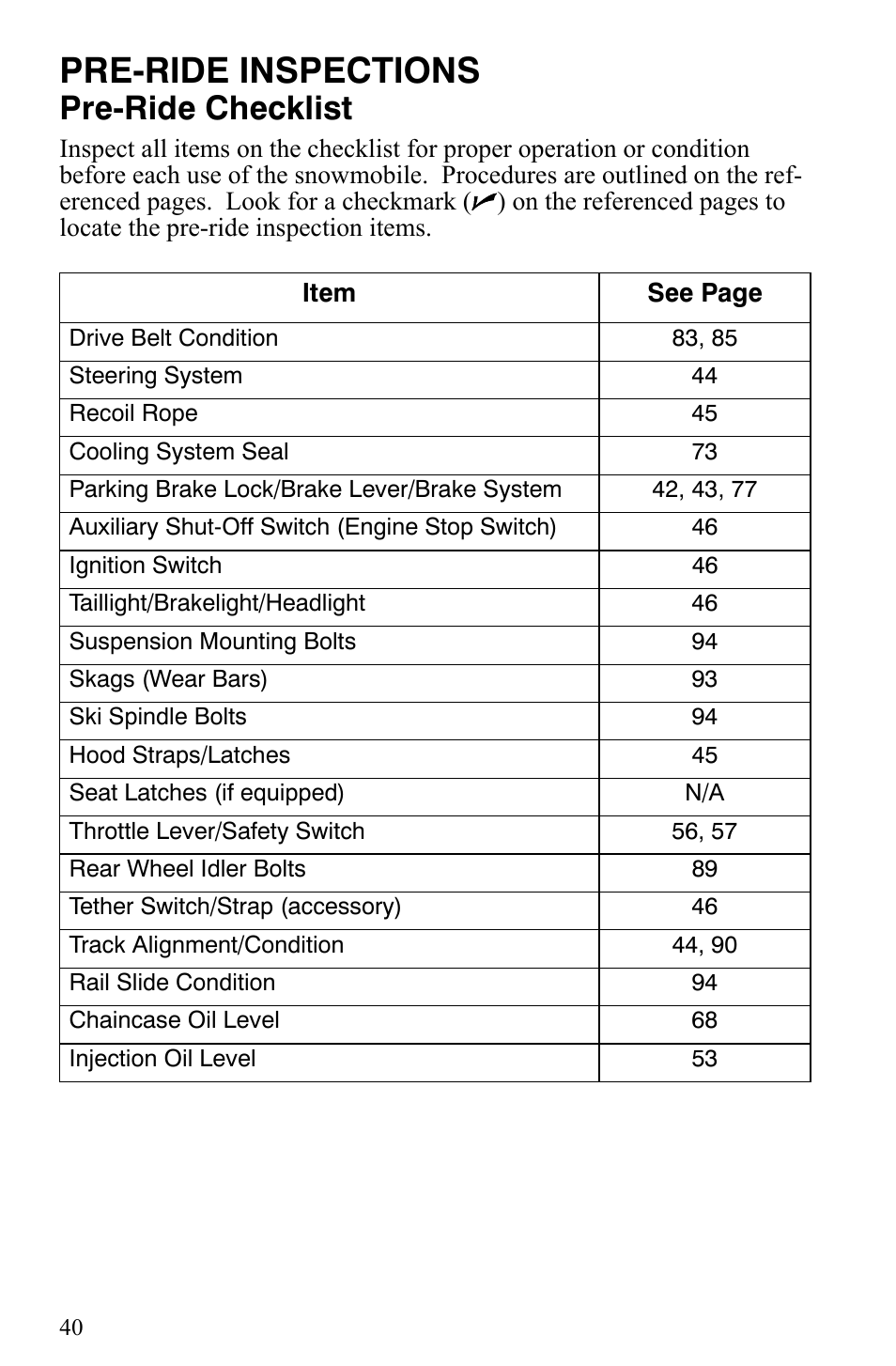 Pre-ride inspections, Pre-ride checklist | Polaris 550 IQ Shift User Manual | Page 43 / 121
