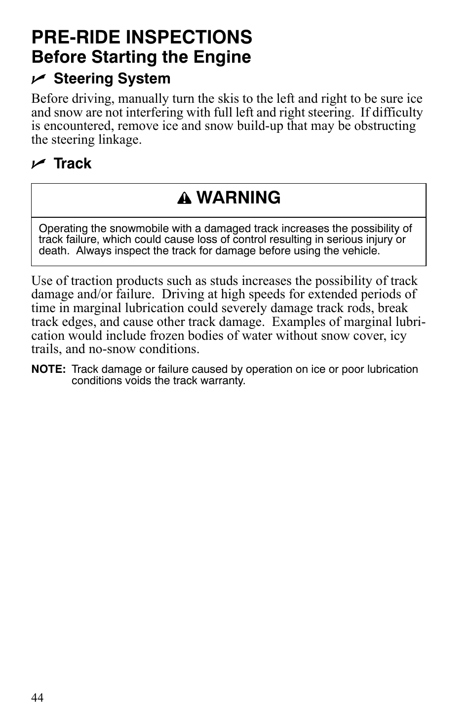 Pre-ride inspections, Before starting the engine, Warning | Polaris 550 IQ Shift User Manual | Page 47 / 121