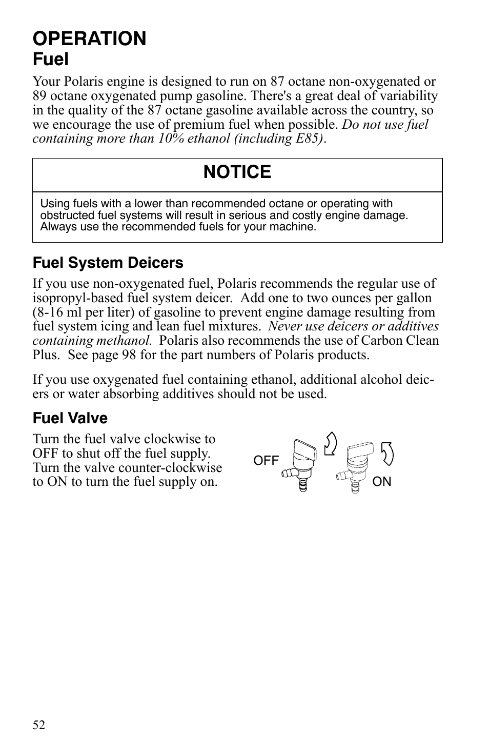 Operation, Fuel, Notice | Polaris 550 IQ Shift User Manual | Page 55 / 121