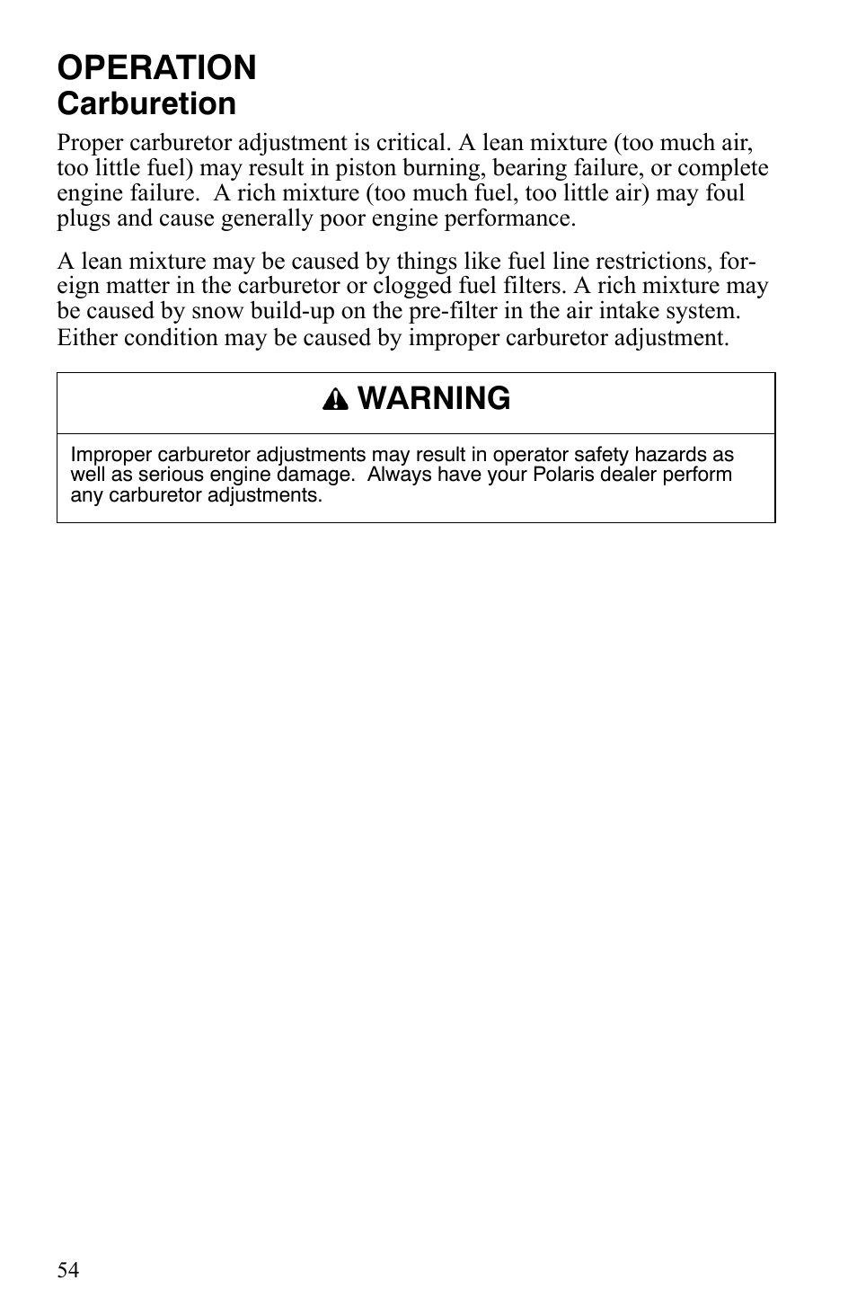 Operation, Carburetion, Warning | Polaris 550 IQ Shift User Manual | Page 57 / 121