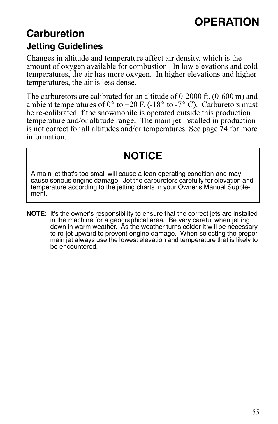 Operation, Carburetion, Notice | Jetting guidelines | Polaris 550 IQ Shift User Manual | Page 58 / 121