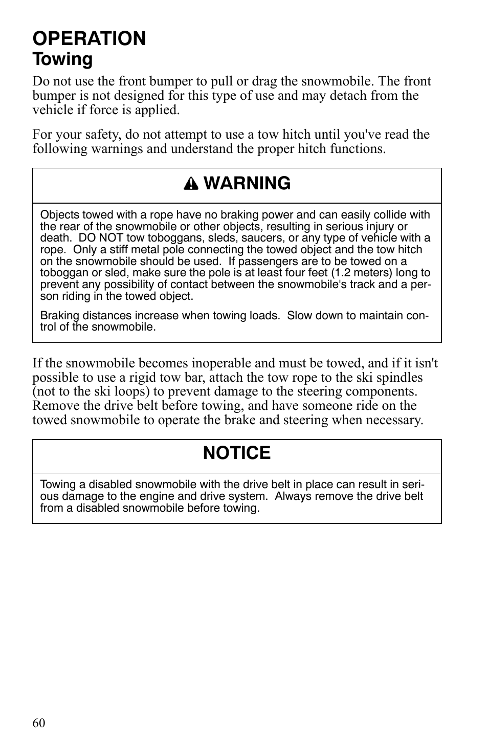 Operation, Towing, Warning | Notice | Polaris 550 IQ Shift User Manual | Page 63 / 121