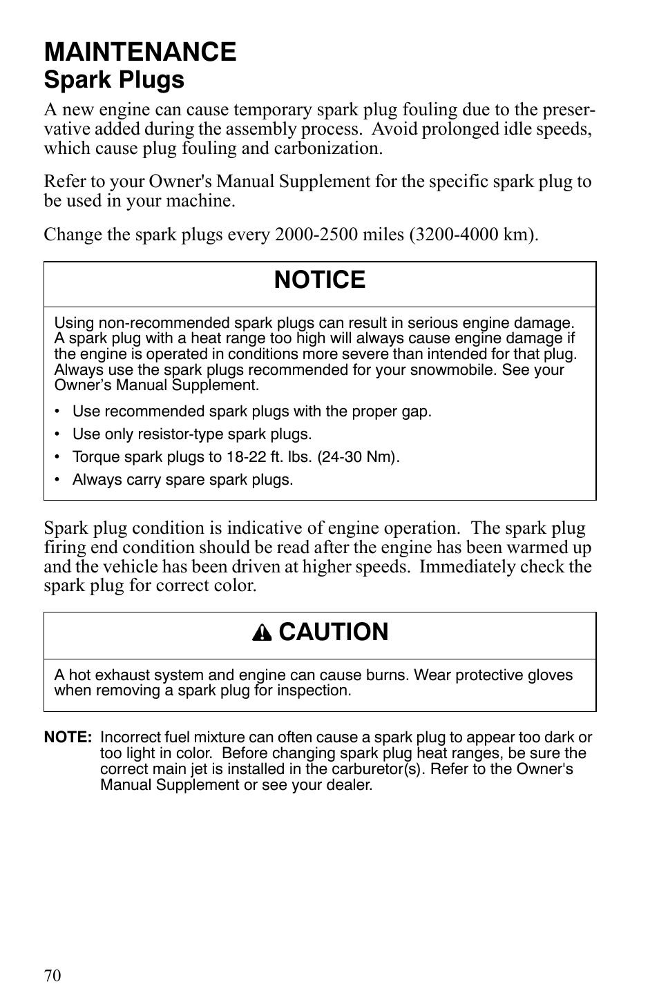 Maintenance, Spark plugs, Notice | Caution | Polaris 550 IQ Shift User Manual | Page 73 / 121
